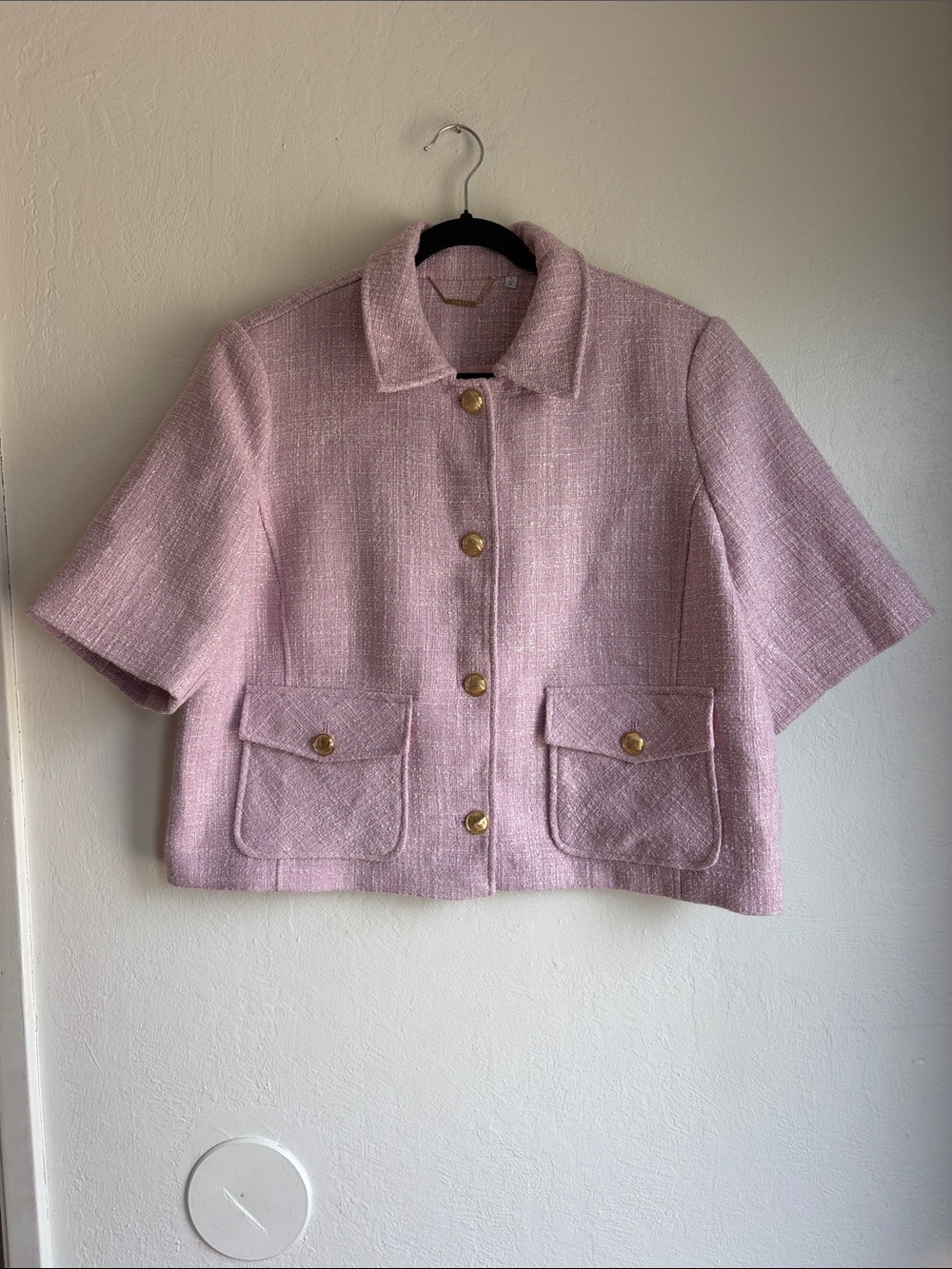 Chico's Pink Tweed Short-Sleeve Jacket with Gold Buttons